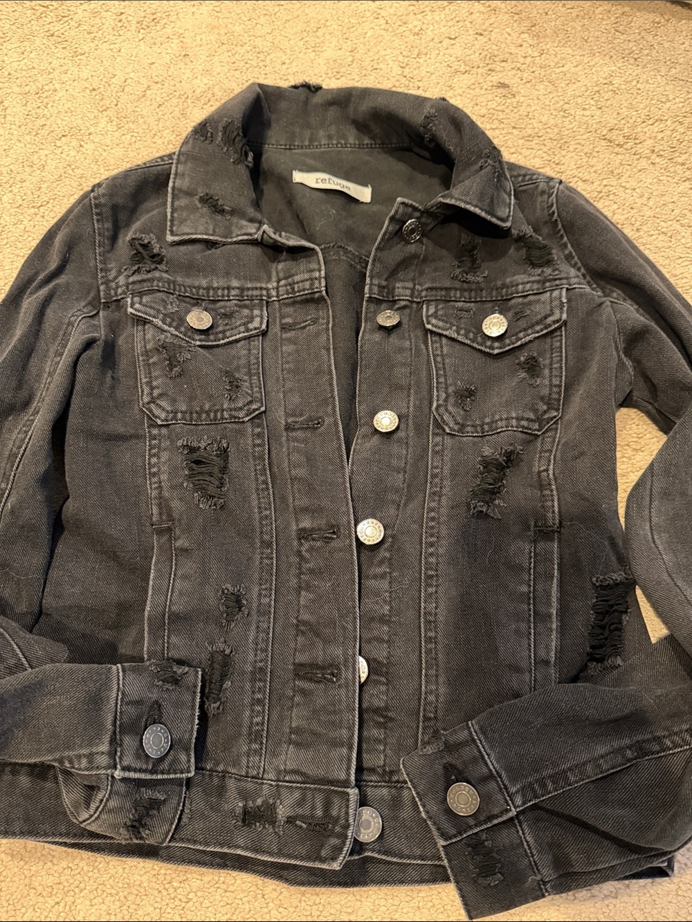 refuge Black Distressed Denim Jacket sz XS